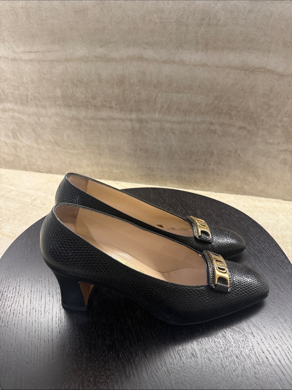 Salvatore Ferragamo Black Textured Leather Loafers with Gold Buckle - Picture 2 of 6